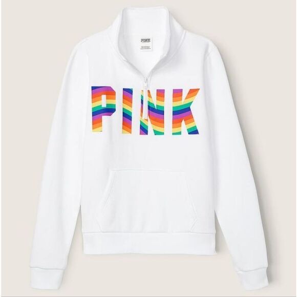 PINK Everyday Lounge Perfect Quarter Zip Classic Pullover OPTIC WHITE PRIDE MED. - Picture 3 of 16